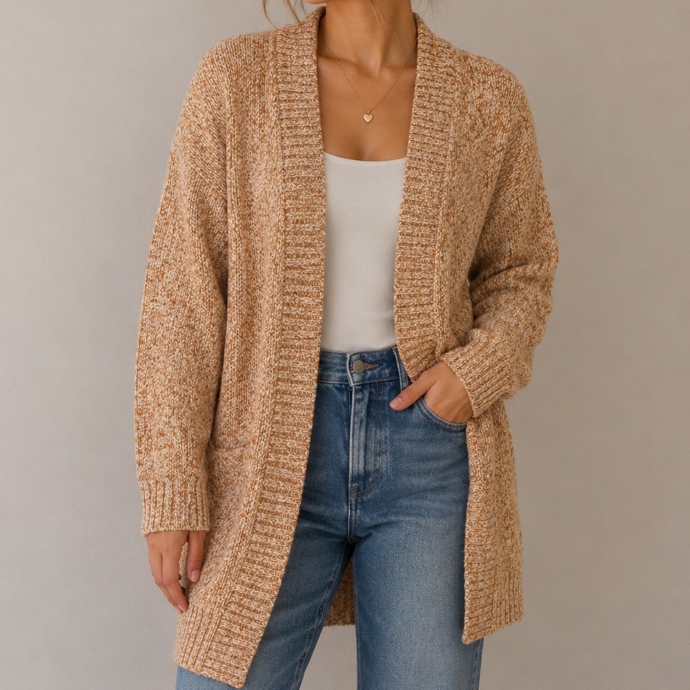 Lands' End Marled Open Front Cardigan Small Cozy Cotton Blend Fall Grandpa Core